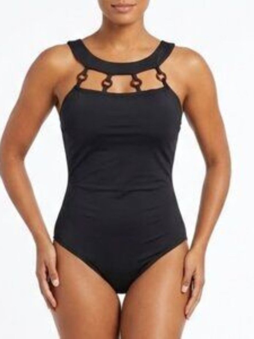 JANTZEN One-piece Swimsuit Ring-and-Strap Cage Embellishment Sz 10 Black